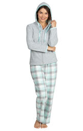 Model wearing Gray and Aqua Snuggle Fleece Hoodie Pajamas with the Hood up image number 2