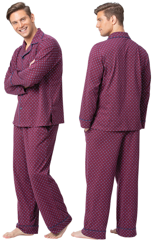 Model wearing Deep Red Print Button Front PJ for Men, facing away from the camera and then facing to the side