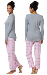Model wearing Light Pink and Gray Plaid Thermal Top PJ for Women, facing away from the camera and then facing to the side image number 1