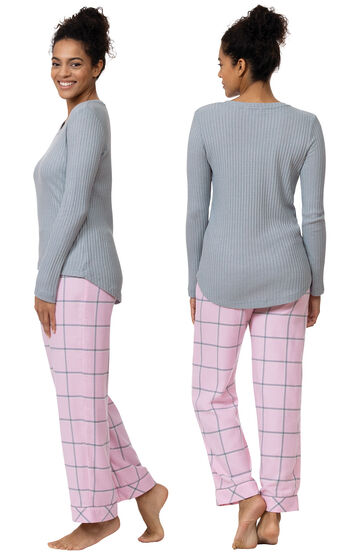 Model wearing Light Pink and Gray Plaid Thermal Top PJ for Women, facing away from the camera and then facing to the side
