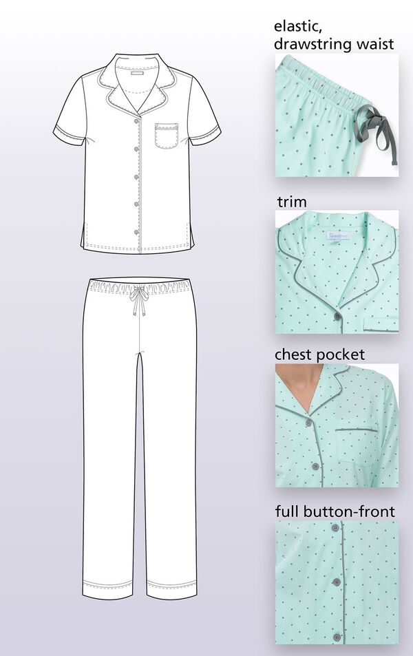 A technical drawing of Classic Polka Dot Pajamas, which features an Elastic, drawstring waist, Trim, Chest Pocket, Full-button front image number 4
