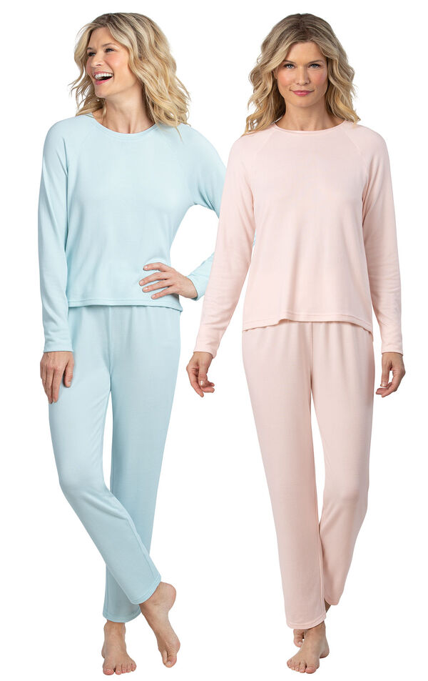 Models wearing Naturally Nude Knit Pajamas - Light Pink and Naturally Nude Knit Pajamas - Light Blue. image number 0