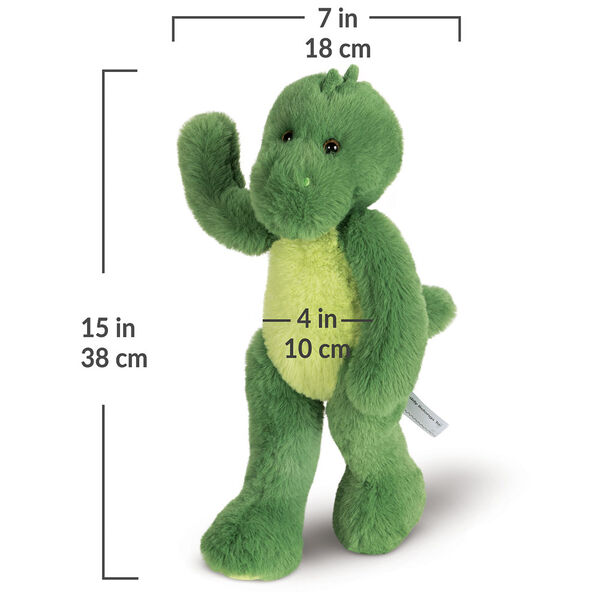 15" Buddy Dinosaur- Standing front view of dinosaur with measurements of 15 in or 28 cm tall, 7 in or 18 cm side and and 4 in or 10 cm across the belly image number 4