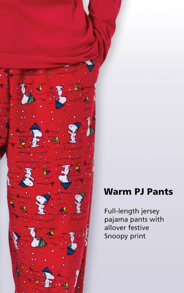 Close-up of Snoopy and Woodstock Red Warm PJ Pants with the following copy: Full-length jersey pajama pants with allover festive Snoopy print image number 3