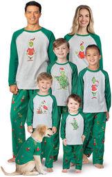 Models wearing Green and Gray Holiday Grinch Matching Family Pajamas image number 1