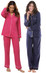 Models wearing Solid Jersey Boyfriend Pajamas - Bold Pink and Classic Polka-Dot Women's Pajamas - Navy image number 0