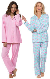 Models wearing Modern Floral Boyfriend Pajamas and Classic Polka-Dot Boyfriend Pajamas - Pink image number 0