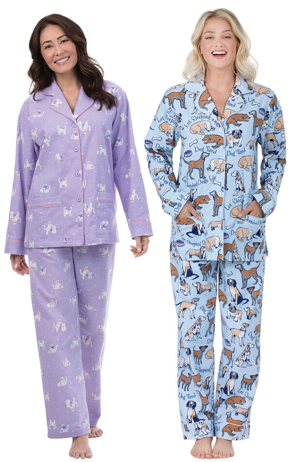 Models wearing Purrfect Flannel Boyfriend Pajamas and Dog Tired Boyfriend Flannel Pajamas. image number 0