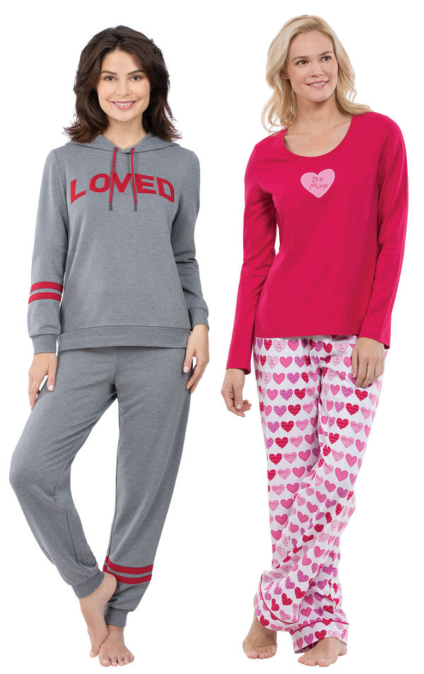 Models wearing ''Loved'' Hoodie Pajamas and Be Mine Pajamas. image number 0