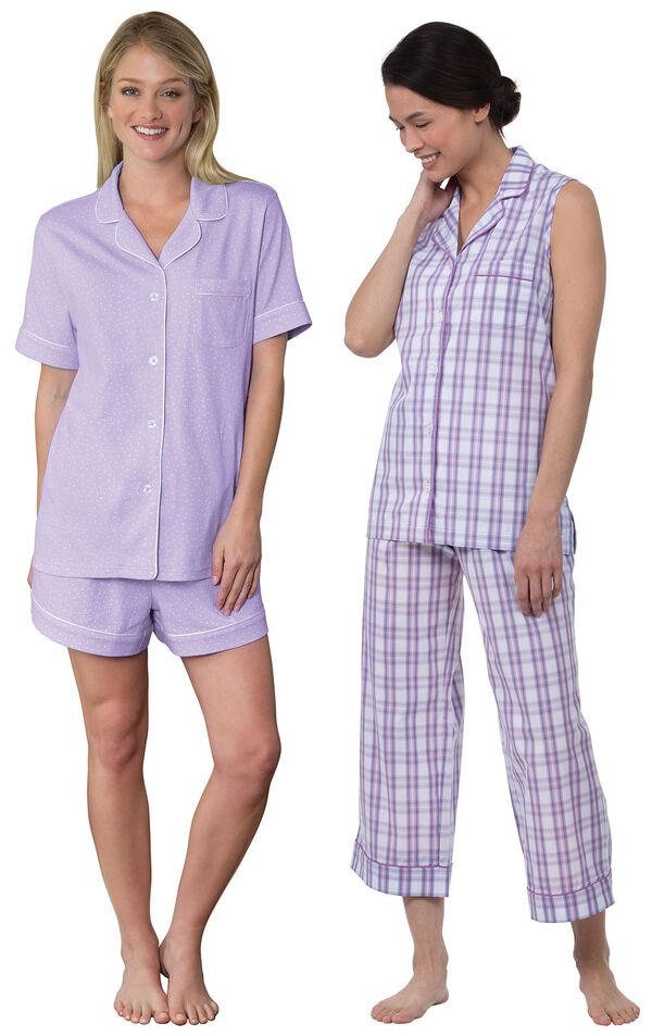 Models wearing Perfectly Plaid Sleeveless Capri Pajamas and Oh-So-Soft Pin Dot Short Set - Lavender. image number 0