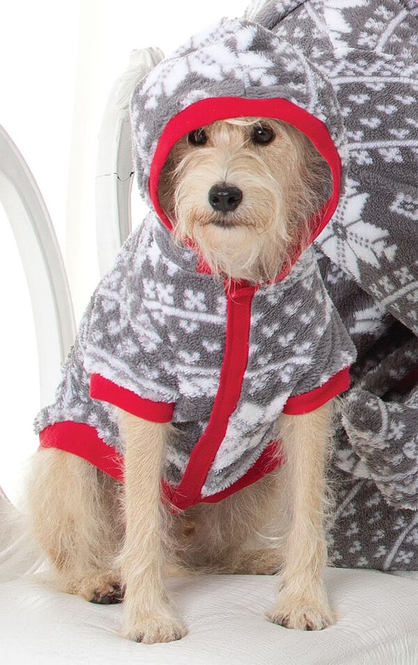 Dog wearing Gray Nordic Print Fleece Hoodie-Footie with the hood up
