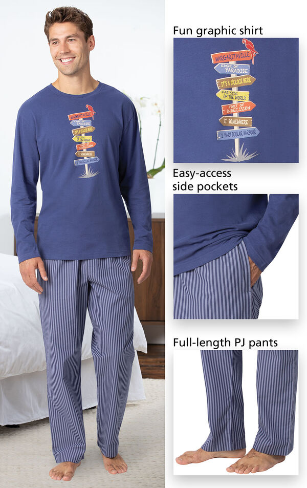 Margaritaville Easy Island Men's Pajamas - Navy has a fun graphic shirt, easy-access side pockets, and full-length PJ pants - all shown in image close-ups image number 3
