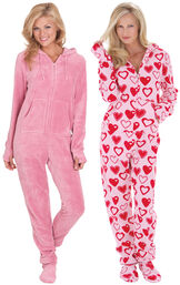 Models wearing Hoodie-Footie - Pink and Hoodie-Footie - Sweetheart Snuggle Fleece. image number 0