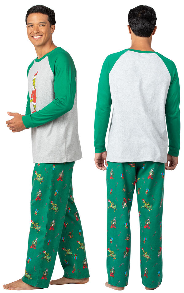 Model wearing Green and Gray Grinch PJ for Men, facing away from the camera and then to the side