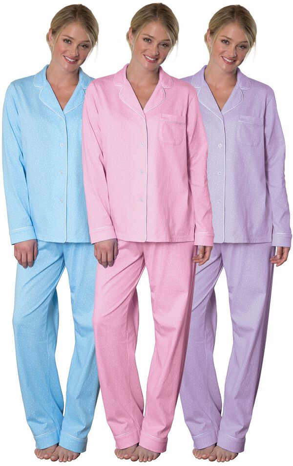 Models wearing Classic Polka-Dot Boyfriend Pajamas - Blue, Classic Polka-Dot Boyfriend Pajamas - Lavender and Classic Polka-Dot Boyfriend Pajamas - Pink. image number 0