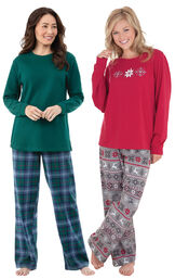 Models wearing Nordic Pajamas and Heritage Plaid Thermal-Top Pajamas.