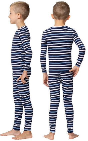 Horizontal Stripe Long-Sleeve Snug Fit Unisex Kids Pajamas - Blue