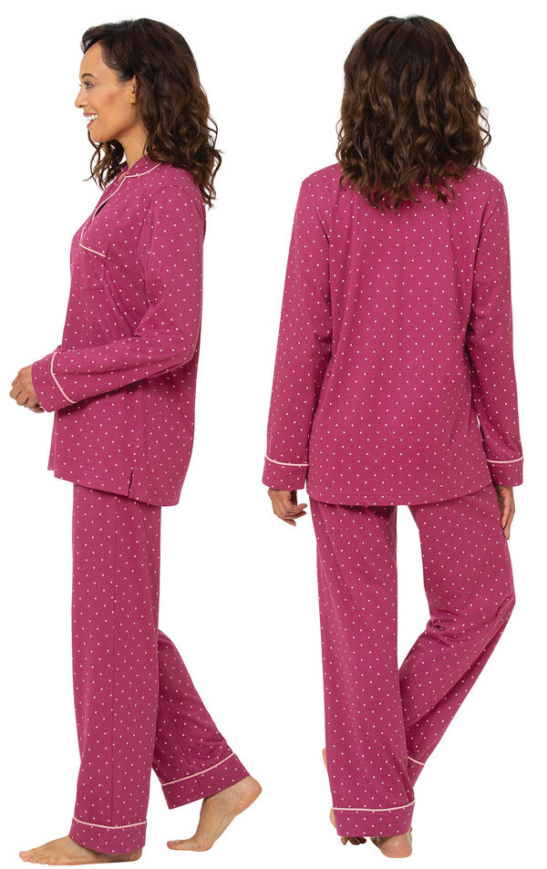 Model wearing Classic Polka-Dot Boyfriend Pajamas - Fuchsia, facing away from the camera and then facing to the side