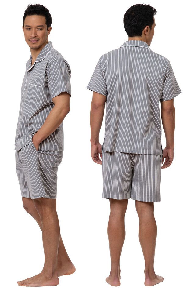 Model wearing Gray Stripe Short Sleeve Button-Front Short Set for Men, facing away from the camera and then facing towards the side image number 1