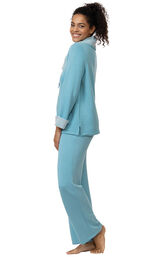 Model wearing World's Softest Teal Cowl-Neck Pajama Set for Women, facing to the side image number 2