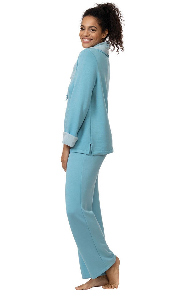 Model wearing World's Softest Teal Cowl-Neck Pajama Set for Women, facing to the side