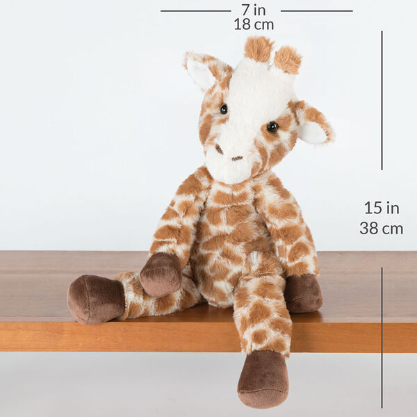 15" Buddy Giraffe - brown and tan print giraffe with dark brown hooves and brown eyes sitting, on shelf with a width measurement of 7 in or 18 cm and and length measurement of 15 in or 38 cm long. 