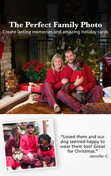 Couples and Pets wearing  Stewart Plaid Matching Pajamas with the following copy: The Perfect Family Photo - Create Lasting Memories and Amazing Holiday Cards. Customer Quote: Loved them and our dog seemed happy to wear them too! Great for Christmas. -Jenn C image number 1