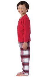 Model wearing Red and White Plaid Fleece PJ for Kids, facing to the side image number 2