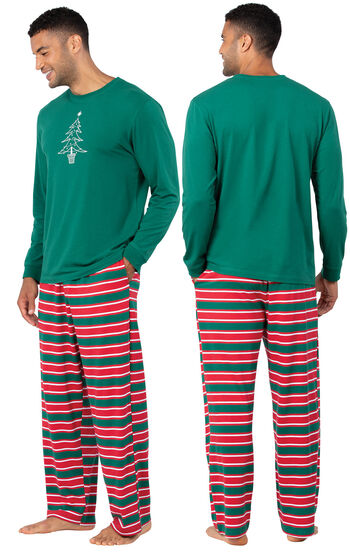 Model wearing Red and Green Christmas Stripe PJ for Men, facing away from the camera and then to the side