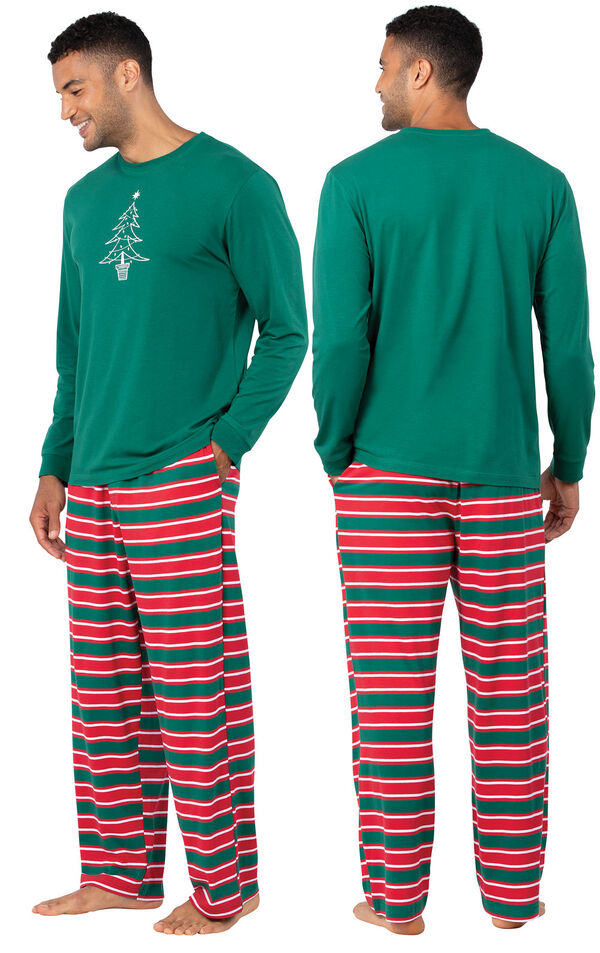 Model wearing Red and Green Christmas Stripe PJ for Men, facing away from the camera and then to the side image number 1