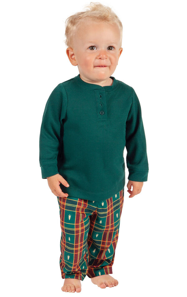 Model wearing Red and Green Christmas Tree Plaid Thermal Top PJ for Infants image number 0