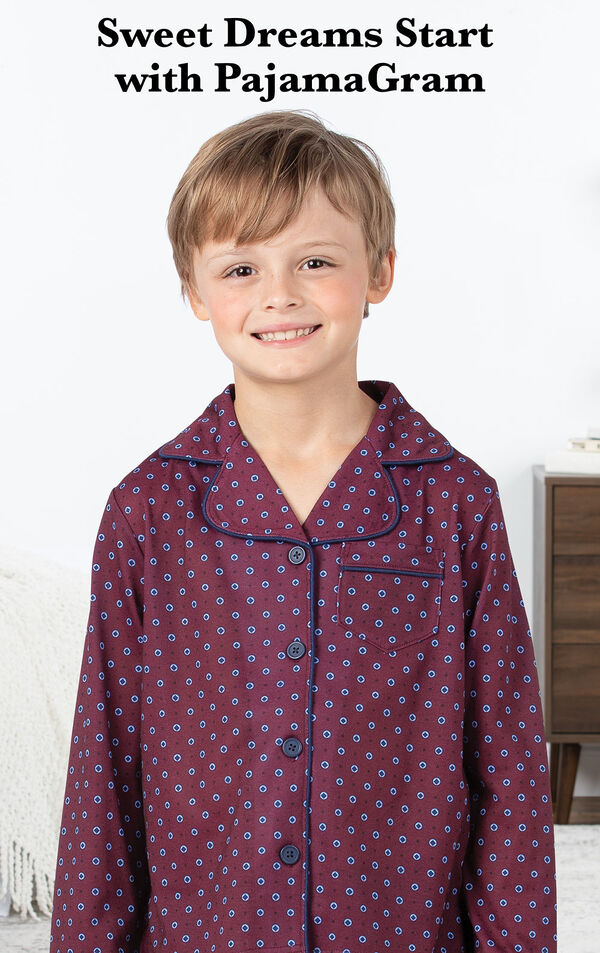 Model wearing Deep Red Print Button-Front PJ for Kids with the following copy: Sweet Dreams Start with PajamaGram image number 2