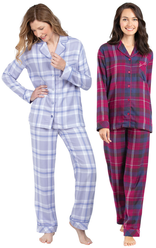 Models wearing World's Softest Flannel Boyfriend Pajamas - Lavender Plaid and World's Softest Flannel Boyfriend Pajamas - Black Cherry Plaid. image number 0