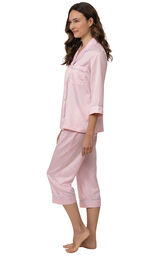 Model wearing Light Pink Satin Button-Front Capri PJ with Blue Trim for Women facing to the side image number 2