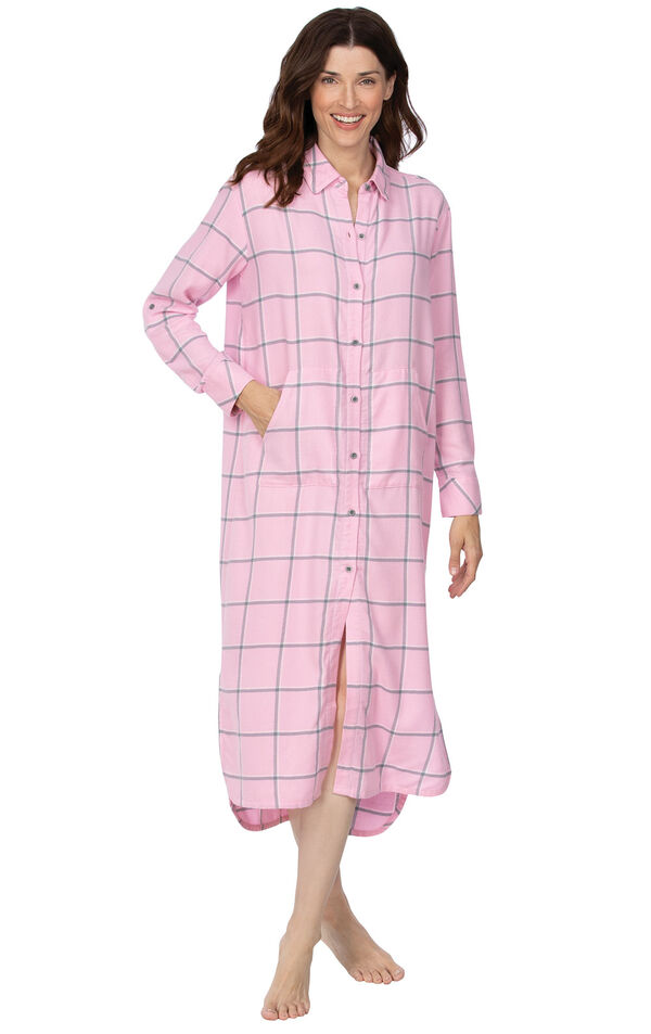 Model wearing World's Softest Flannel Sleepshirt - Pink Plaid with her hand in the front pocket image number 2