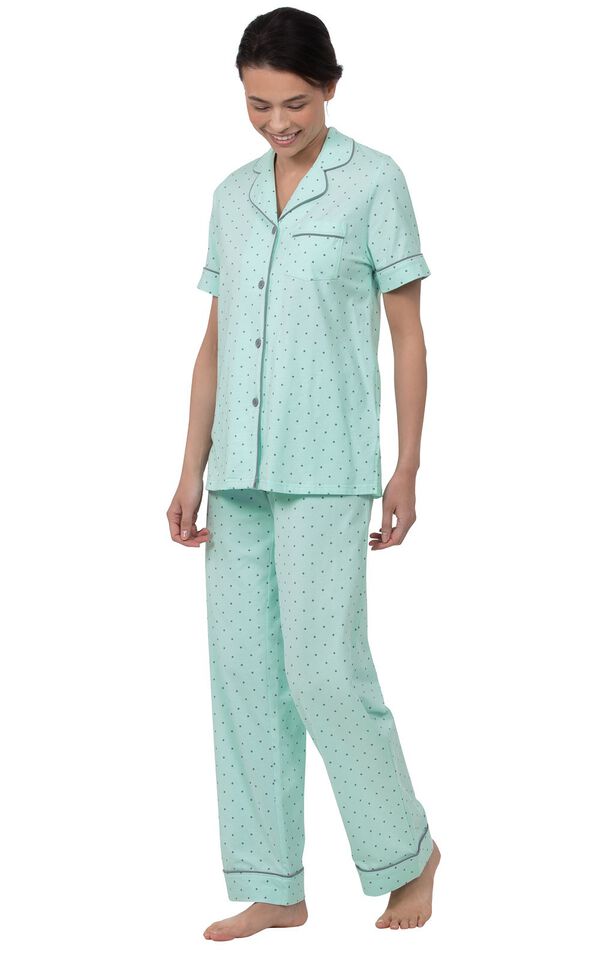 Model wearing Mint and Gray Polka Dot Short Sleeve Button-Front PJ for Women