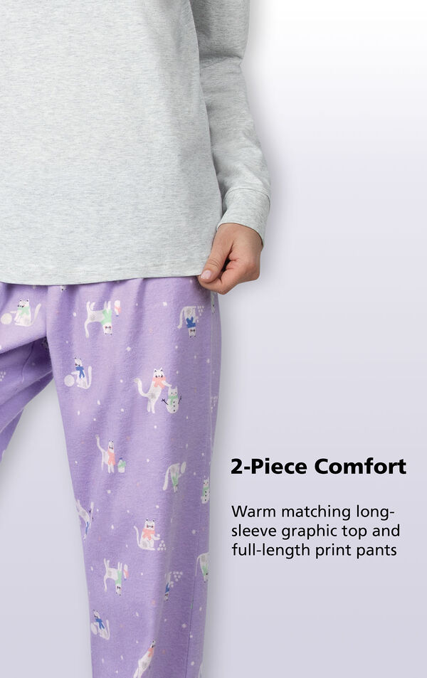 2-Piece Comfort - Warm matching long-sleeve gray graphic top with "Purrfect" graphic and purple full-length cat print pants image number 5