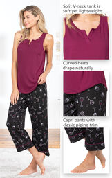 Close-ups of the features of Wine Down Tank and Capri Pajamas such as split v-neck tank is soft yet lightweight, curved hems drape naturally, capri pants with classic piping trip. image number 3
