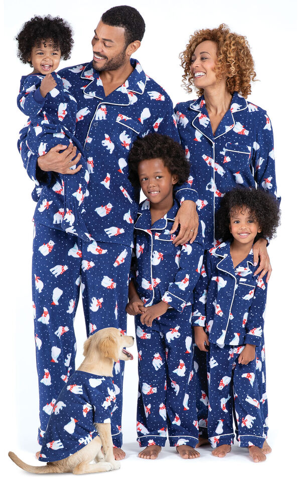 Models wearing Navy Blue with Polar Bear Print Fleece Matching Family Pajamas image number 1