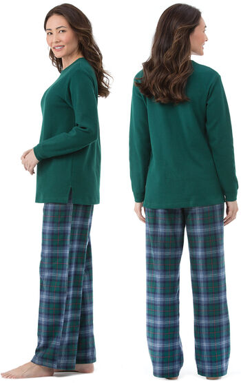Model wearing Green and Blue Plaid Thermal-Top PJ for Women, facing away from the camera and then to the side