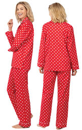 Model wearing Red Polka Dot Button-Front PJ for Women, facing away from the camera and then to the side image number 1