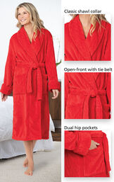 Close-ups of Red Cable Embossed Marshmallow Fleece Robe's classic shawl collar, open-front with tie belt and dual hip pockets image number 3