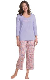 Solid Lavender 3/4-sleeve top with Lavender floral print capris pajamas image number 0