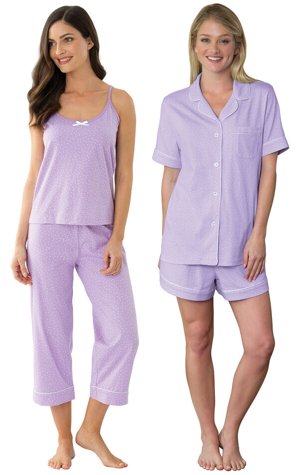 Models wearing Classic Polka-Dot Capri Pajamas - Lavender and Classic Polka-Dot Short Set - Lavender. image number 0