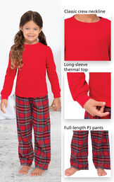 Close-Ups of Stewart Plaid Thermal Top PJ features which include a classic crew neckline, long-sleeve thermal top and full-length PJ pants image number 2
