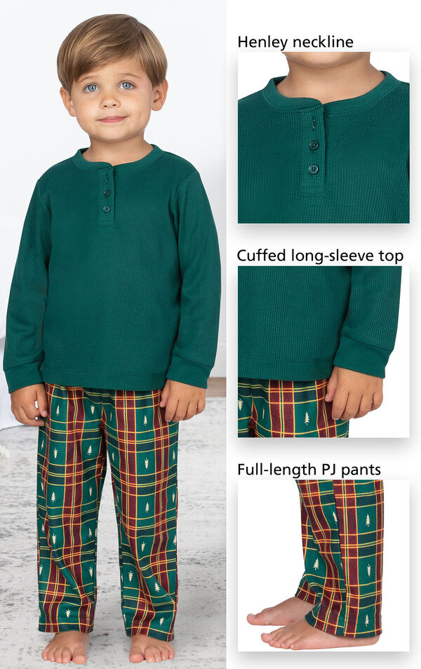 Close-ups of Christmas Tree Plaid Toddler Pajamas features - Henley neckline, cuffed long-sleeve top and full-length PJ pants image number 3