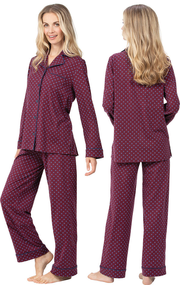 Model wearing Deep Red Print Button-Front PJ for Women, facing away from the camera and then to the side image number 1