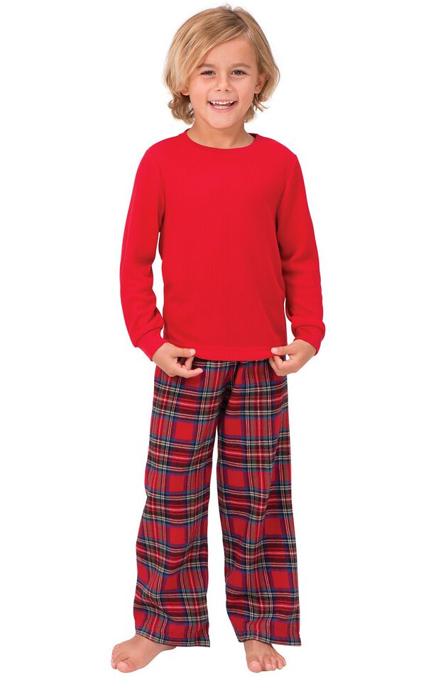 Model wearing Red Classic Plaid Thermal Top PJ for Kids image number 0