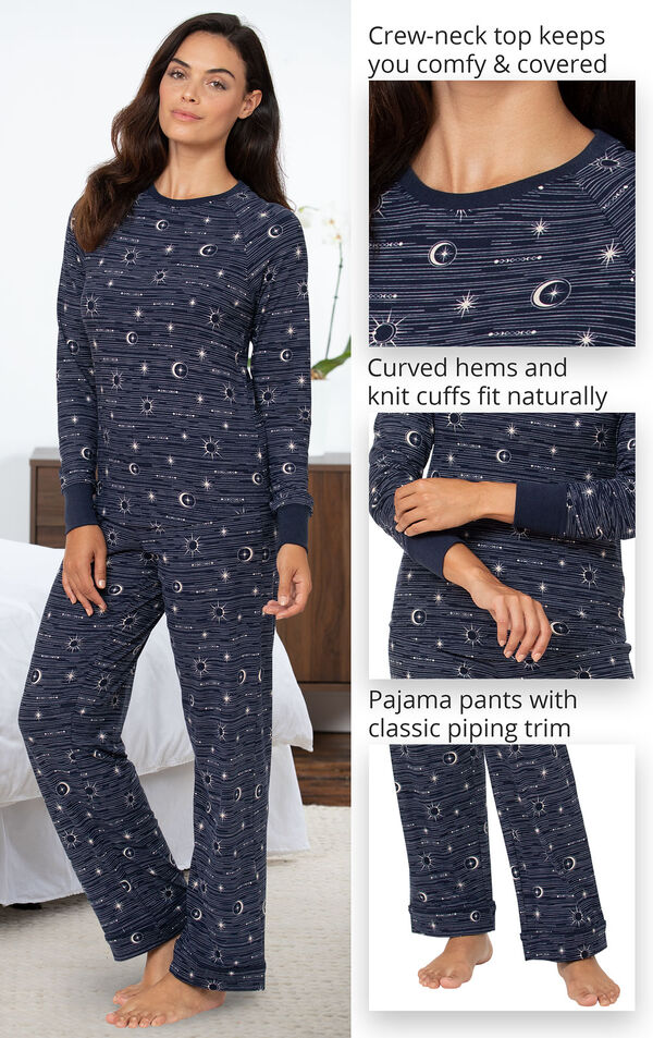 Celestial Pajamas feature a crew-neck top that keeps you warm and covered, curved hems and knit cuffs that fit naturally and pajama pants with classic piping trim image number 3