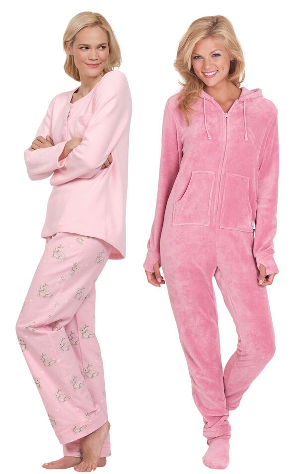 Models wearing Snuggle Bunny Pajamas and Hoodie-Footie - Pink. image number 0
